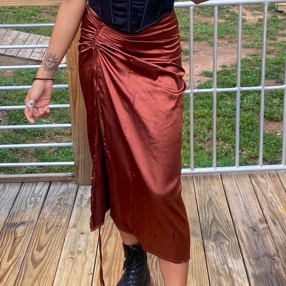 SHEIN Rust Satin Midi Skirt
